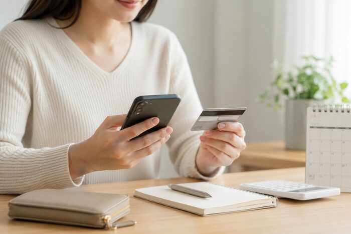 中絶費用の支払い方法をスマートフォンとクレジットカードで確認する女性