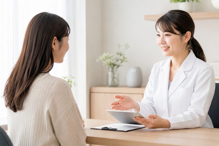 中絶費用や支払い方法について婦人科スタッフに相談する女性