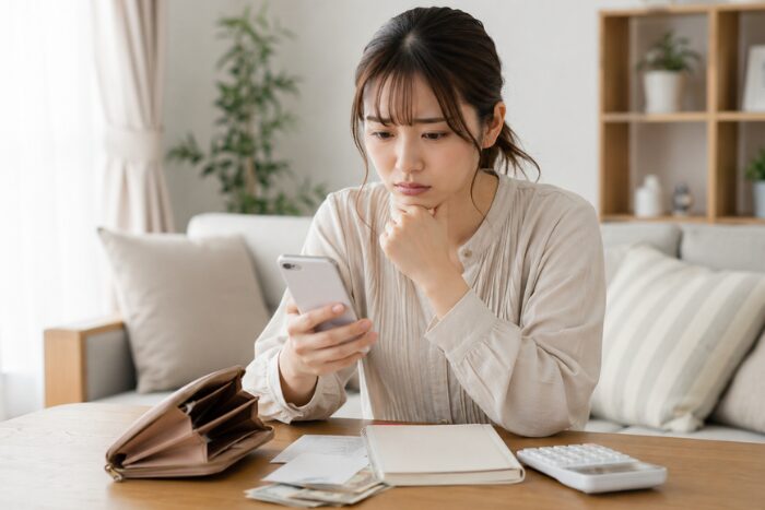 中絶費用が用意できずスマートフォンを見ながら悩む女性