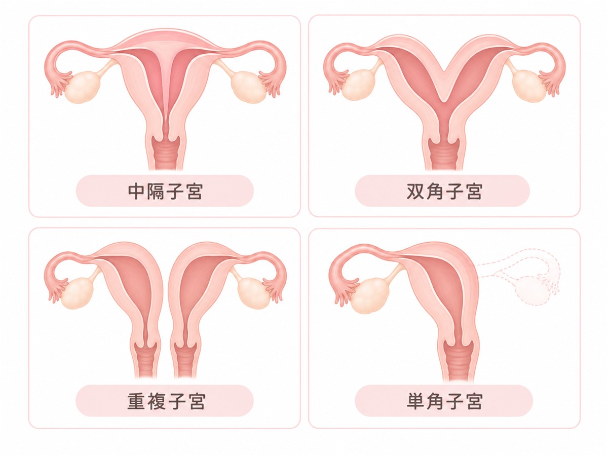 中隔子宮・双角子宮・重複子宮・単角子宮の形の違いを示したイラスト