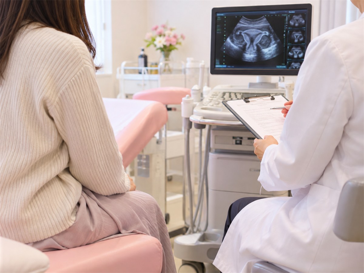 診察室で超音波検査の画像を見ながら医師から説明を受ける女性